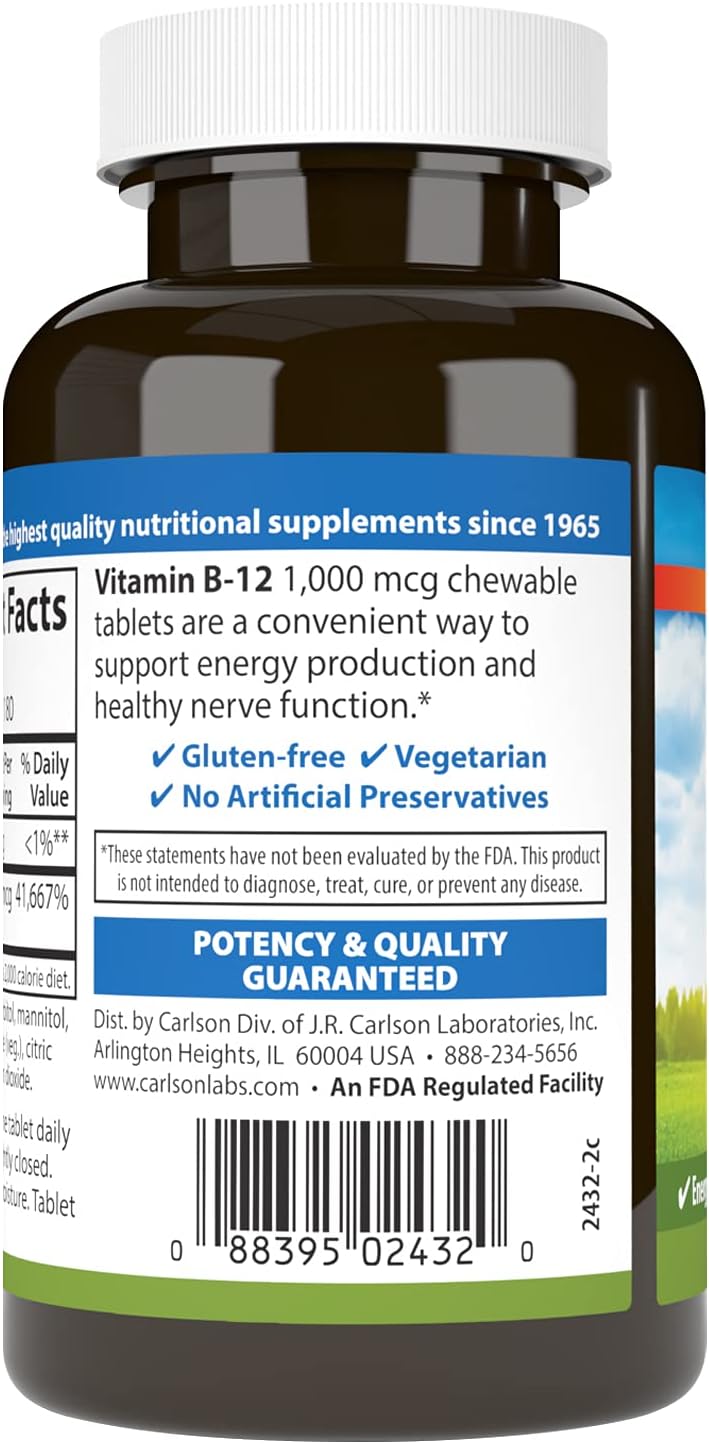 Carlson Vitamina B12 Masticable 1000 mcg - 180 Comprimidos Sabor Limón