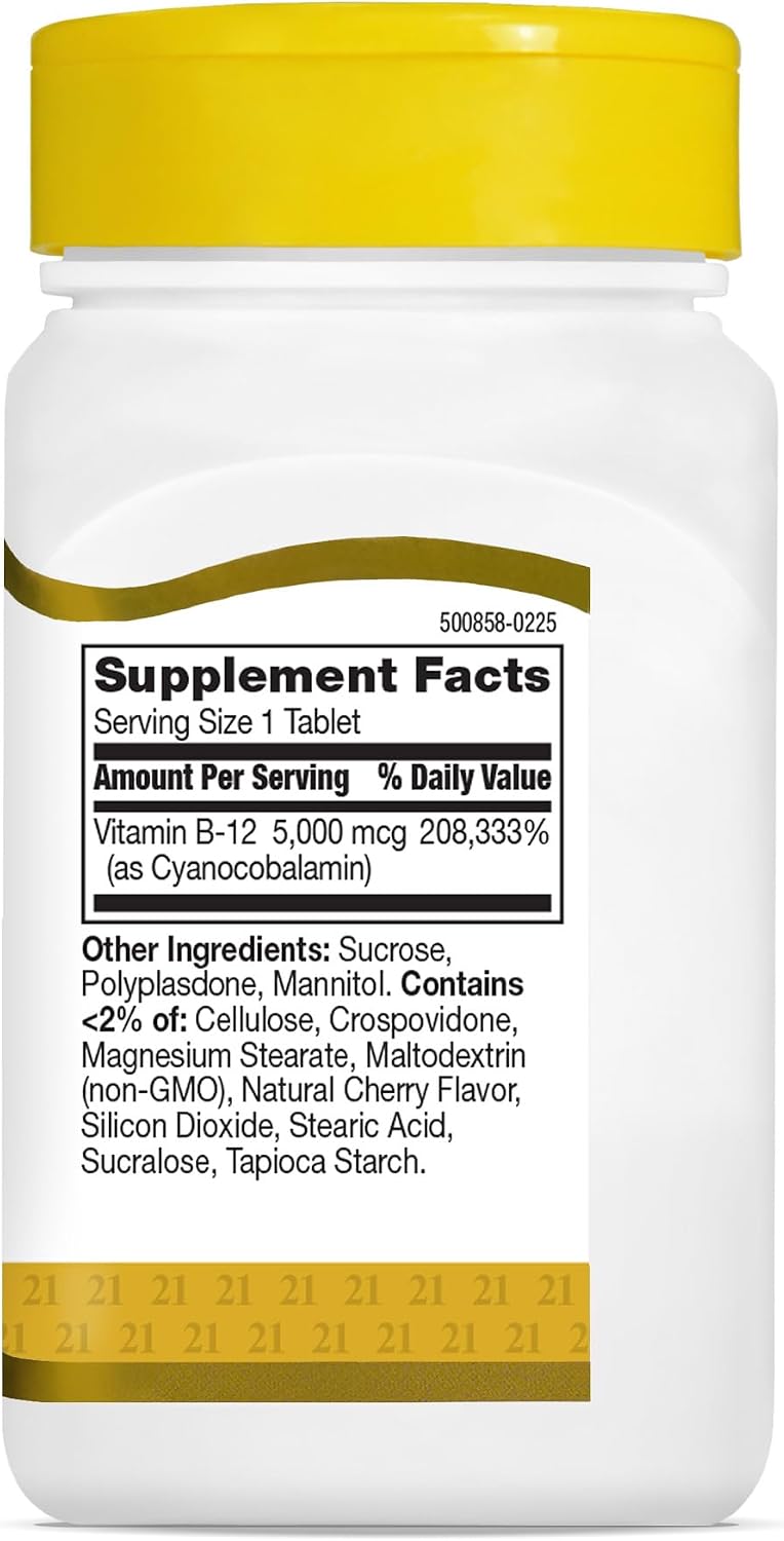 21st Century Vitamina B12 5000 mcg Comprimidos Sublinguales - Sabor Cereza, 110 unidades