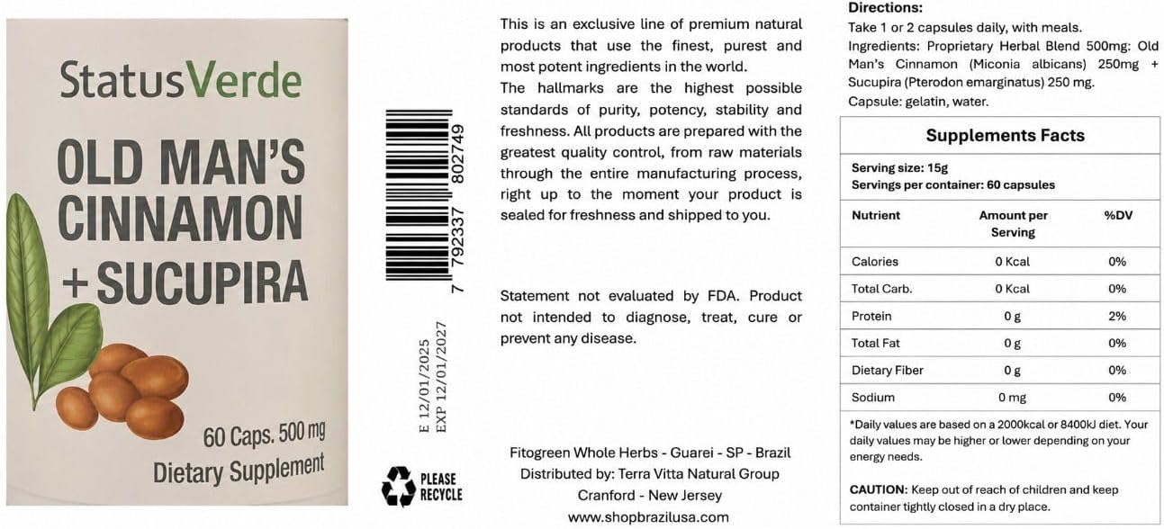 Old Man's Cinnamon con Sucupira 500 mg (60 Cápsulas) - Complemento Herbal