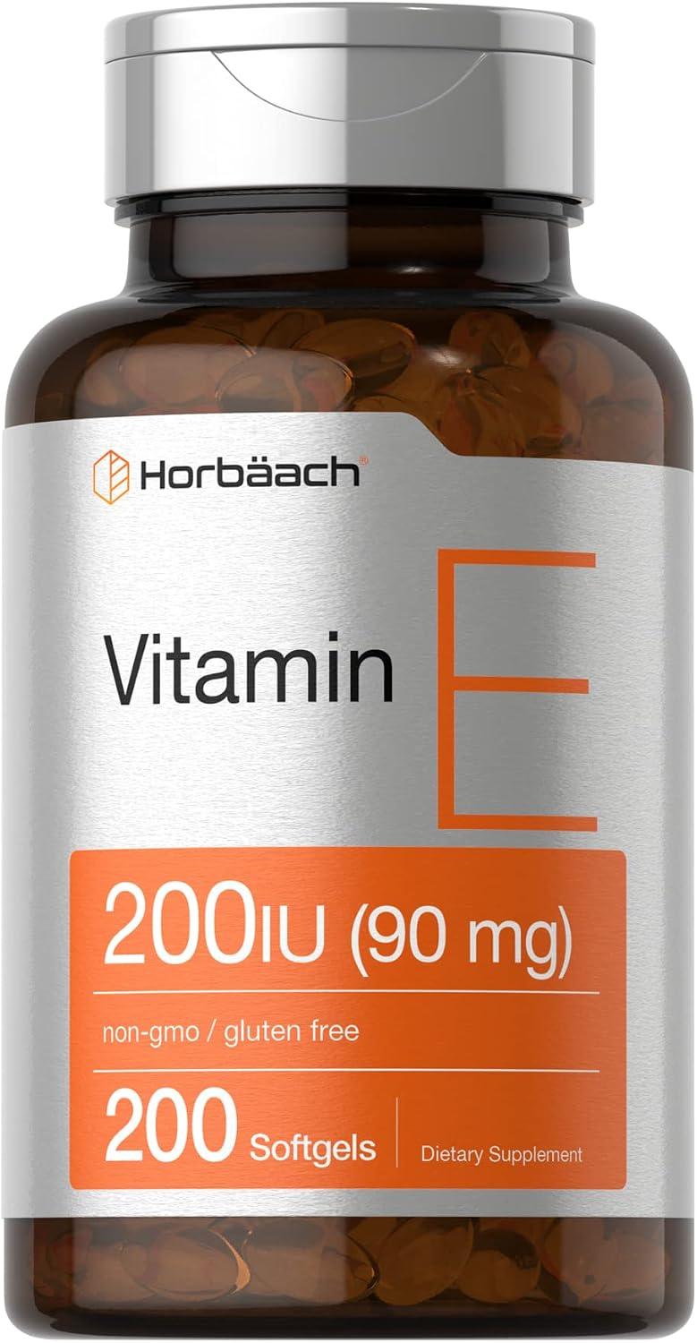 Horbäach Vitamina E 200 UI (90 mg) – 200 Cápsulas Blandas – Sin Gluten y No OGM