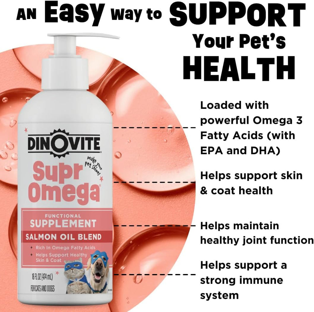 Dinovite SuprOmega Aceite de Salmón Salvaje para Perros y Gatos - Sin GMO - Omega 3 para Piel y Pelo - Suplemento Alimenticio - 473 ml