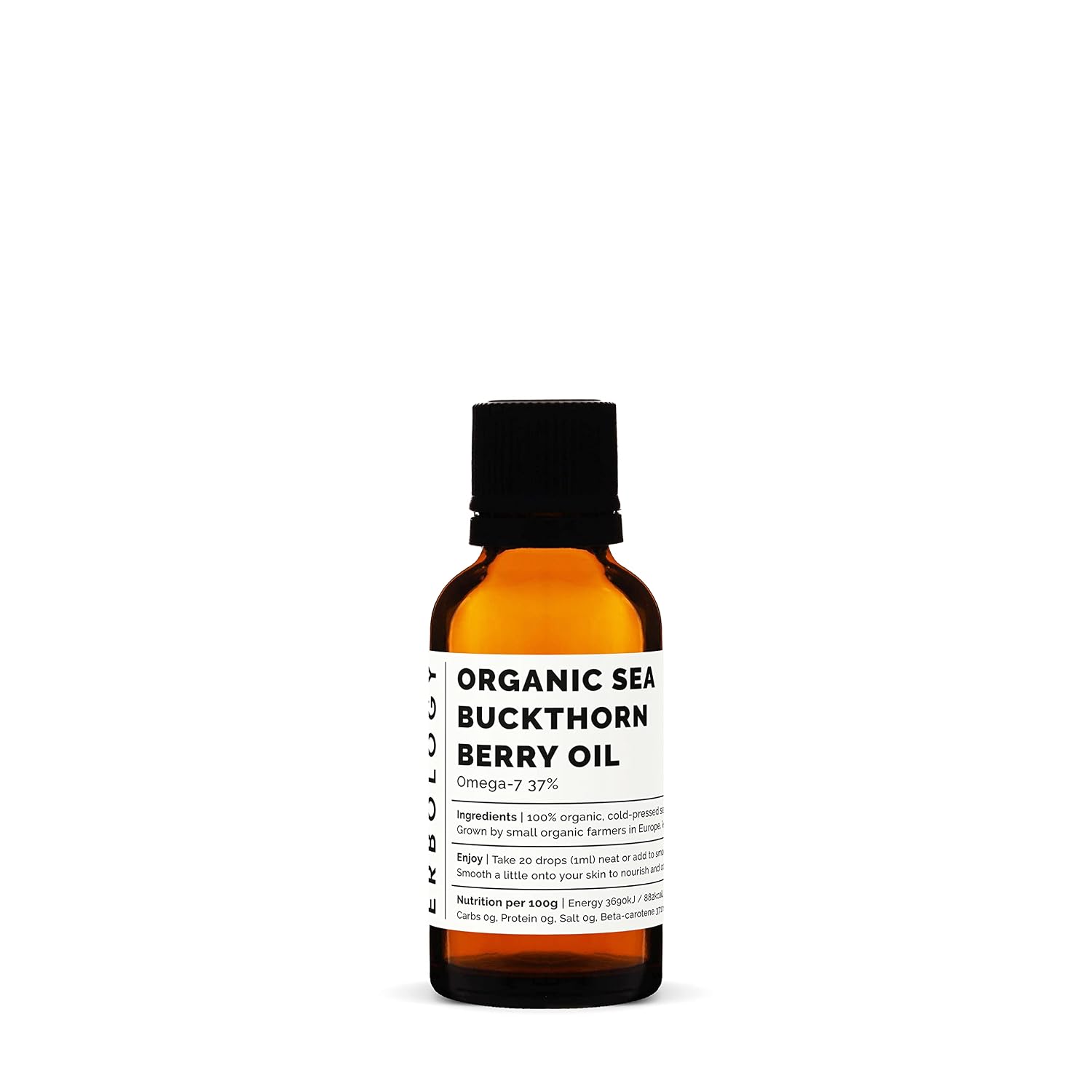 Erbology Aceite de Espino Amarillo 100% Ecológico - 30 ml - Prensado en Frío 50:1 - Rico en Omega-7 y Betacaroteno - Sin Aditivos - Envase de Vidrio Reciclable