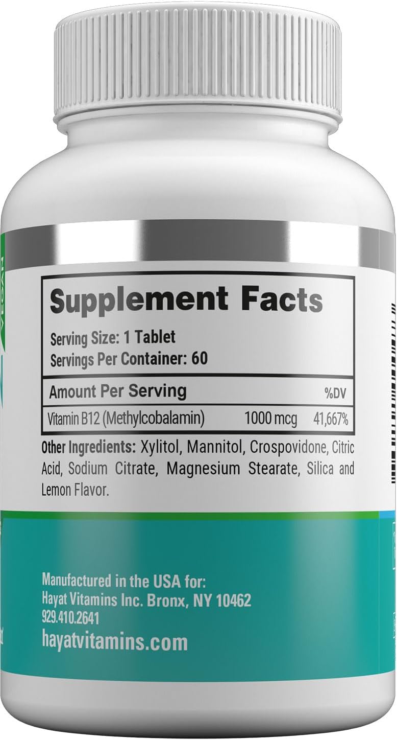 HAYAT Vitamina B12 1000 mcg – Suplemento Vegano para el Metabolismo Energético (60 Comprimidos)