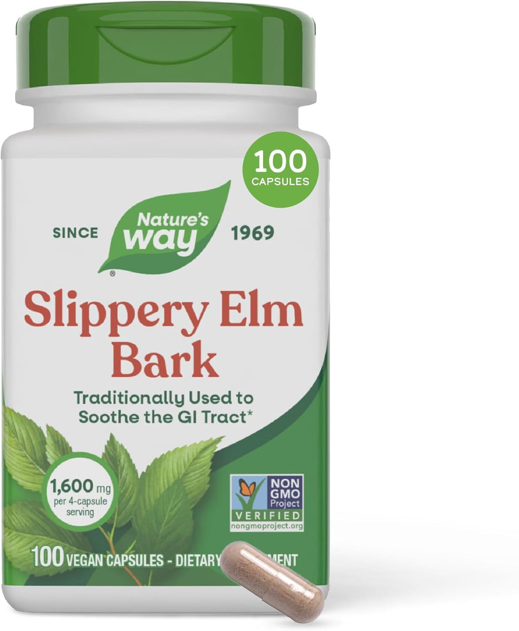 Nature's Way Slippery Elm Capsules, 1600 mg per Dose (4 capsules), 100 Capsules