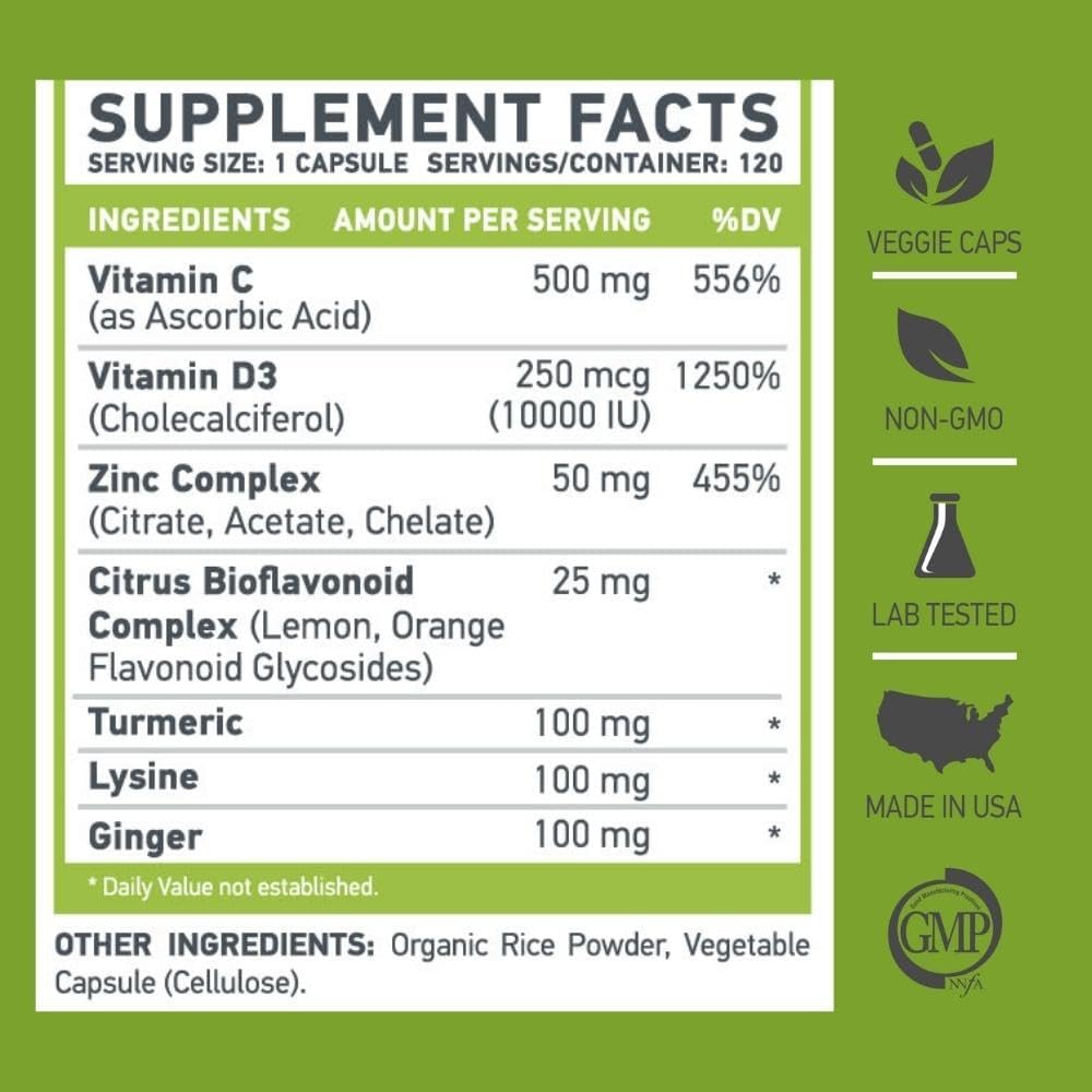 MUSCLE FOOD LABS ZDC Plus | Vitamina C 500mg, D3, Zinc, Cúrcuma, Jengibre, Lisina | 120 Cápsulas Veganas