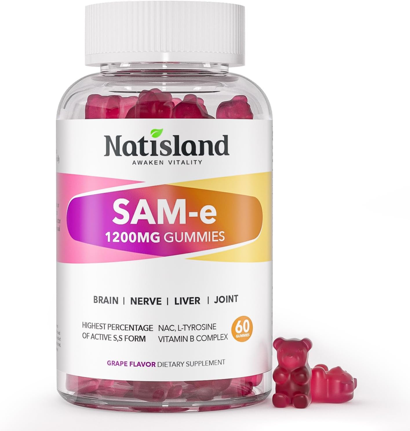 NATISLAND SAM-e con L-Tirosina y Complejo B Metilado Gominolas, 1200mg, 60 unidades