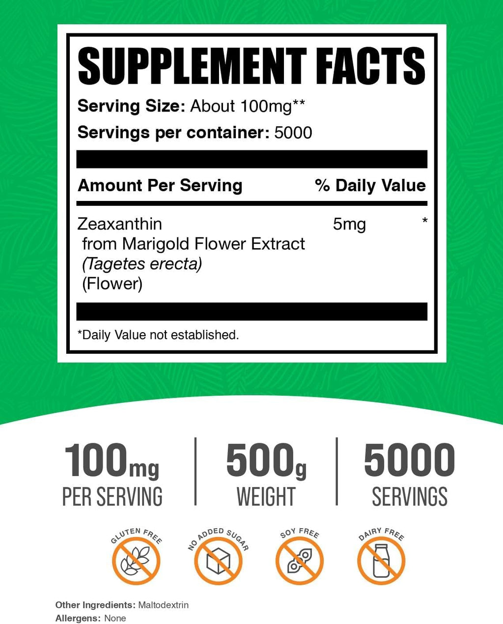 BulkSupplements.com Zeaxantina en Polvo - 500g (1.1 lbs) - 5mg de Zeaxantina por Porción