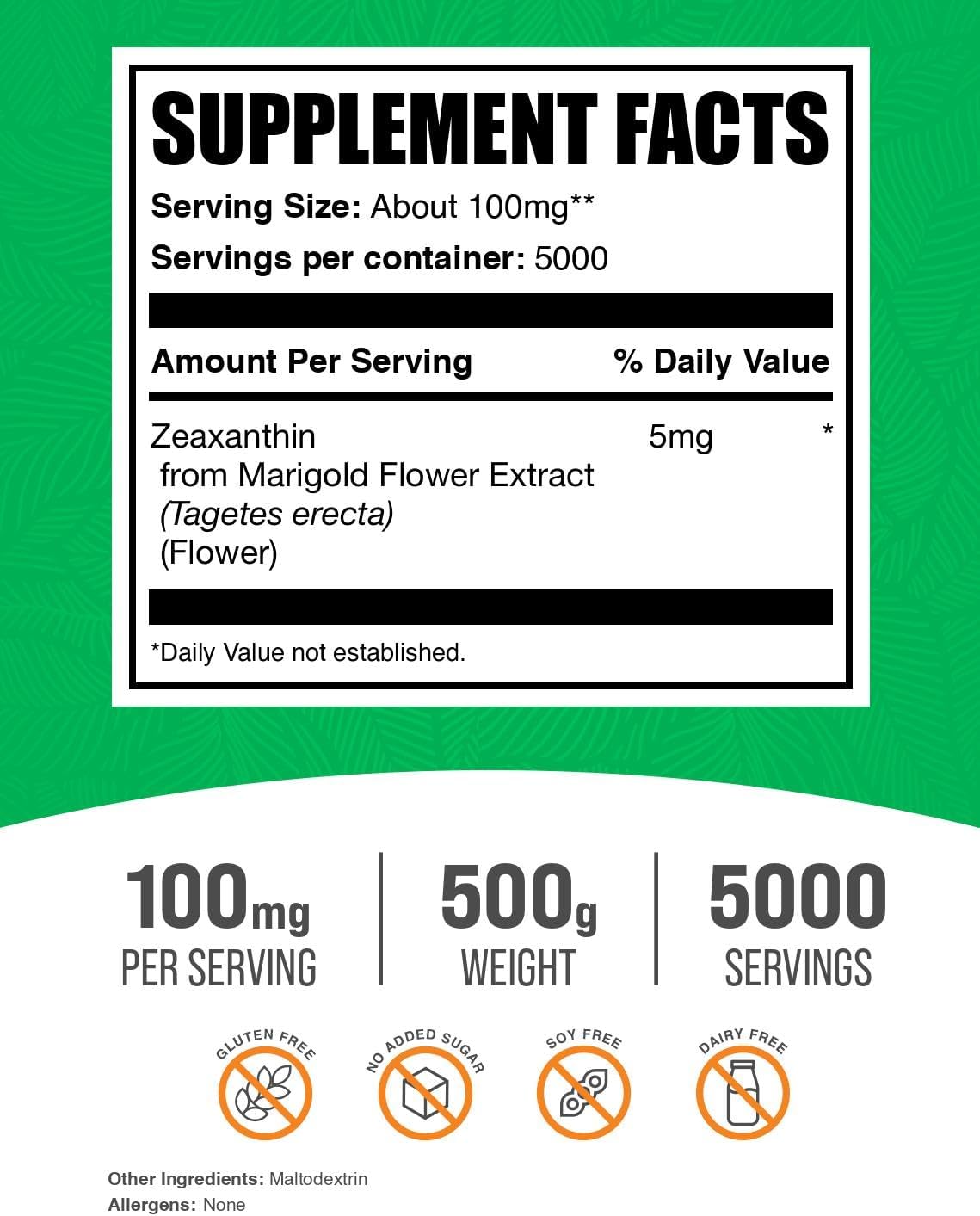 BulkSupplements.com Zeaxantina en Polvo - 500g (1.1 lbs) - 5mg de Zeaxantina por Porción