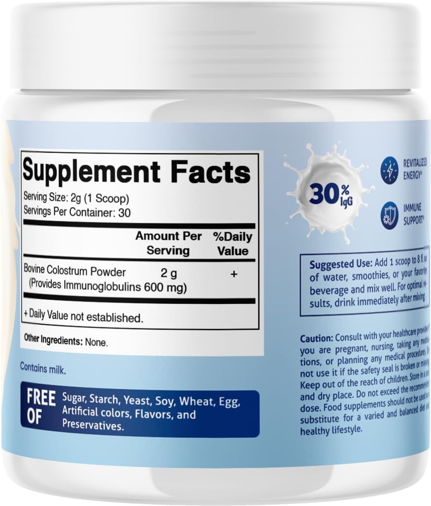 Vitamatic Calostro Bovino en Polvo 30% IgG - 60 Gramos (30 Raciones, Sin Sabor)