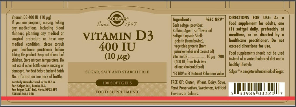 Solgar Vitamina D3 (Colecalciferol) 400 UI, 100 Cápsulas Blandas