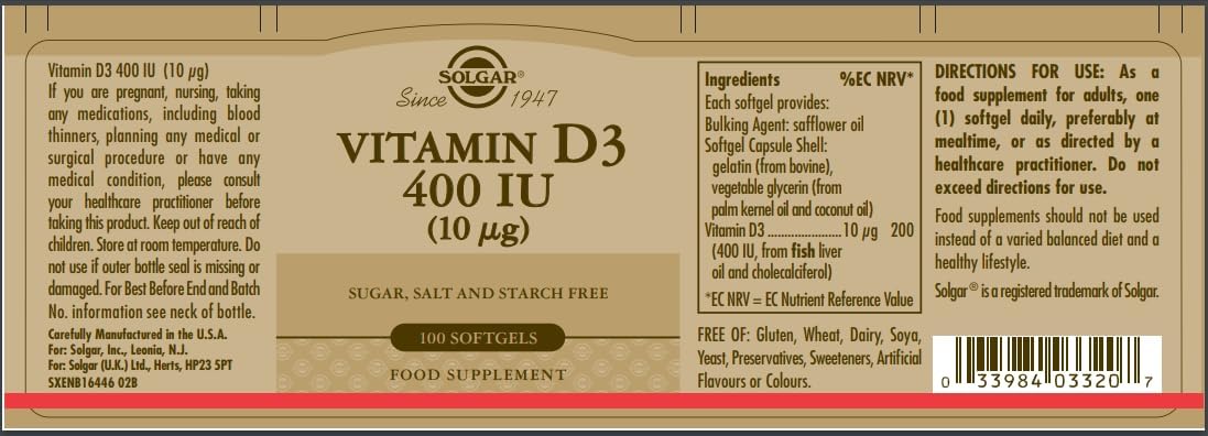 Solgar Vitamina D3 (Colecalciferol) 400 UI, 100 Cápsulas Blandas