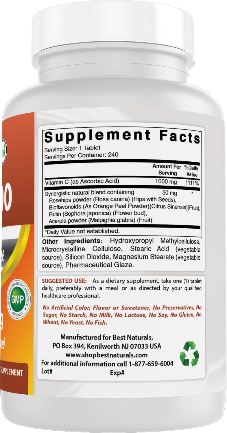 Best Naturals Vitamin C 1000 mg con Rosa Mosqueta y Bayas, 240 Comprimidos