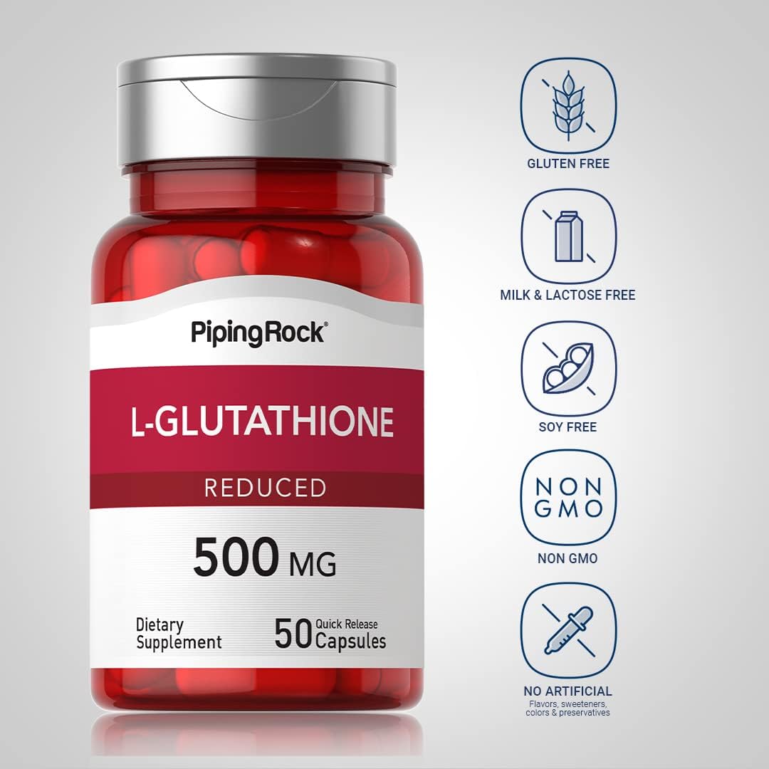 Piping Rock L Glutatión 500 mg, 50 Cápsulas - Forma Reducida, Sin OGM y Sin Gluten