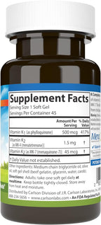 Carlson K Complete, Vitamin K1 & K2 (MK-4 & MK-7), 45 Soft Gels