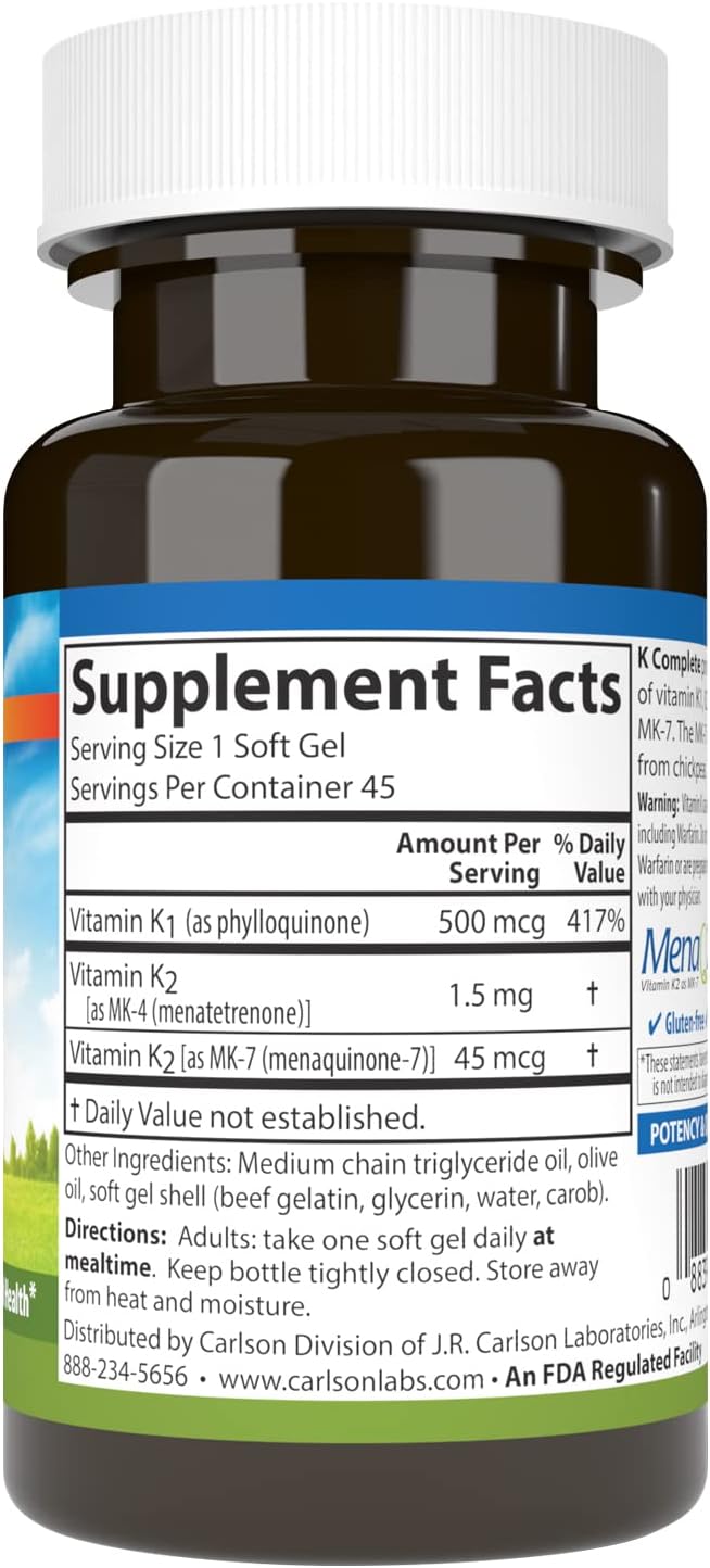Carlson K Complete, Vitamin K1 & K2 (MK-4 & MK-7), 45 Soft Gels
