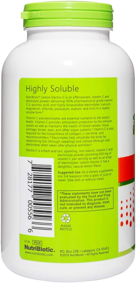 NutriBiotic Electro-C Limón - Vitamina C con Electrolitos en Polvo, 454 g