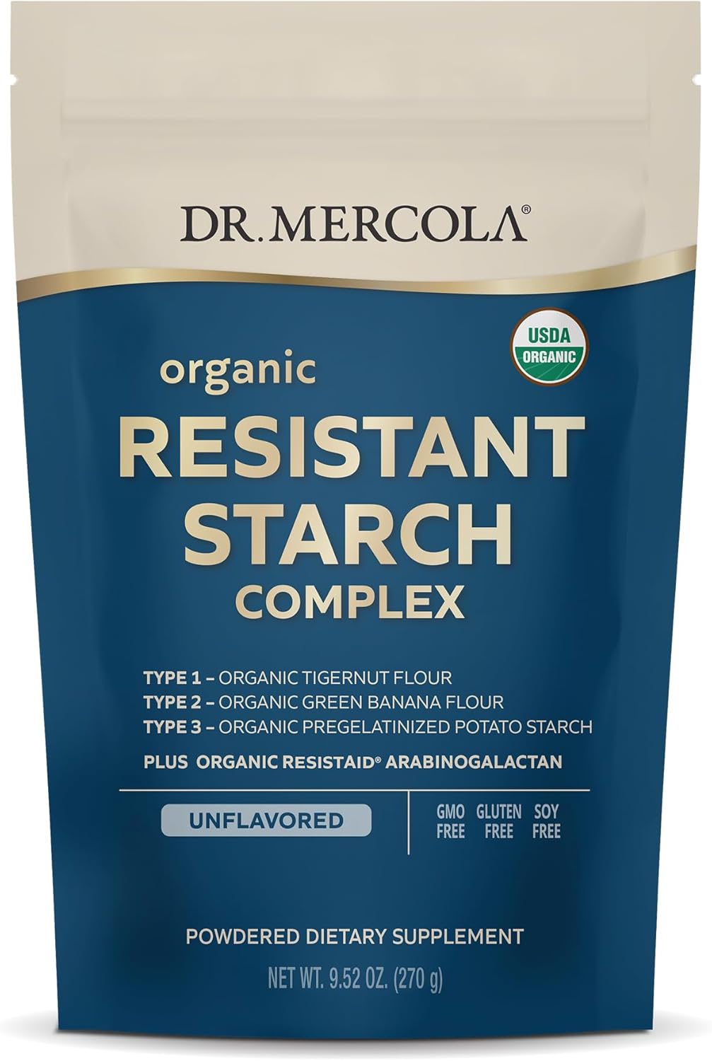 Dr. Mercola Complexe Orgánico de Almidón Resistente – Salud Intestinal e Inmunitaria – Plátano Verde, Harina de Chufa y Patata – Sin Gluten y Sin Soja – 270 g (30 raciones)