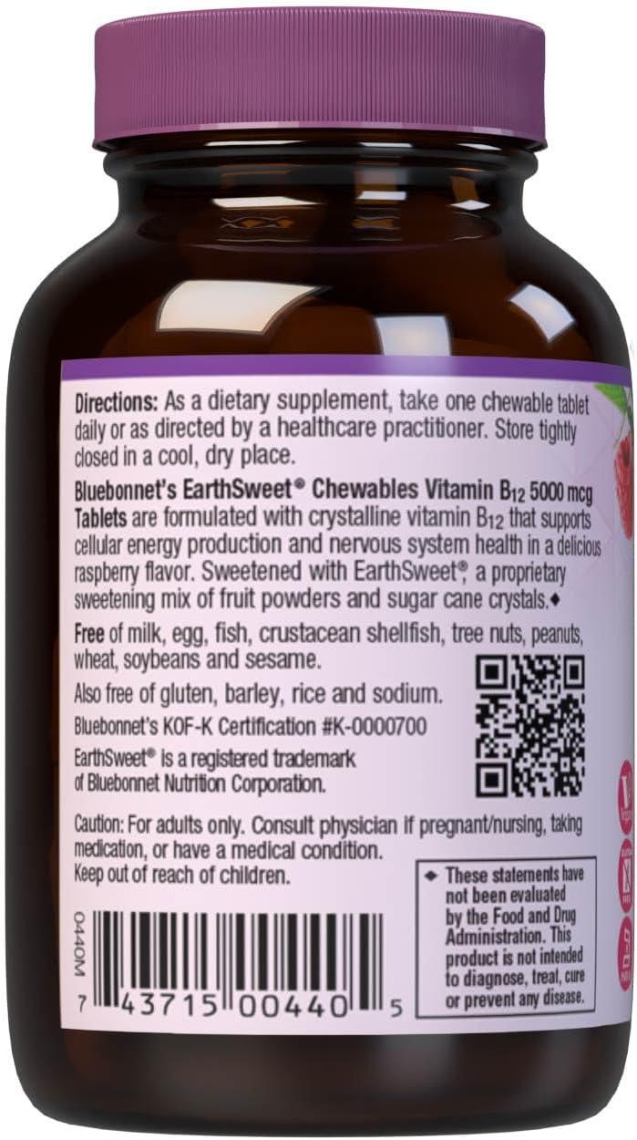 Bluebonnet Nutrition Earth Sweet Vitamina B12 5000 mcg Comprimidos Masticables, Sabor Frambuesa, 30 unidades