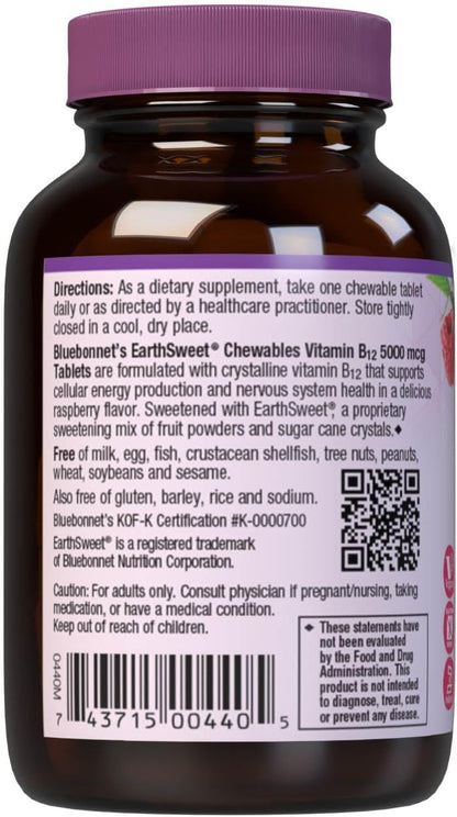 Bluebonnet Nutrition Earth Sweet Vitamina B12 5000 mcg Comprimidos Masticables, Sabor Frambuesa, 30 unidades – Image 3