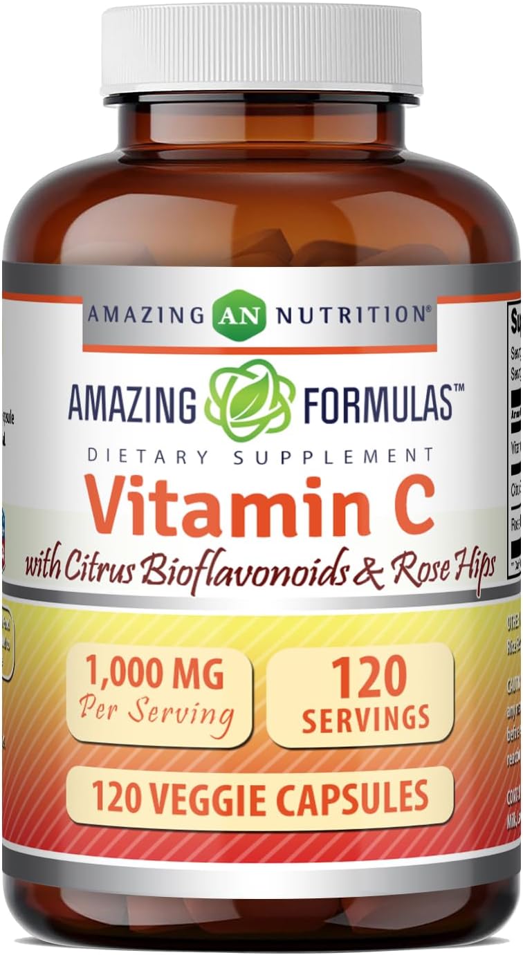 Amazing Formulas Vitamina C (Ácido Ascórbico) 1000 mg con Rosa Mosqueta y Bioflavonoides Cítricos - 120 Cápsulas Vegetales