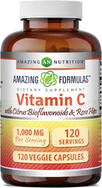 Amazing Formulas Vitamina C (Ácido Ascórbico) 1000 mg con Rosa Mosqueta y Bioflavonoides Cítricos - 120 Cápsulas Vegetales