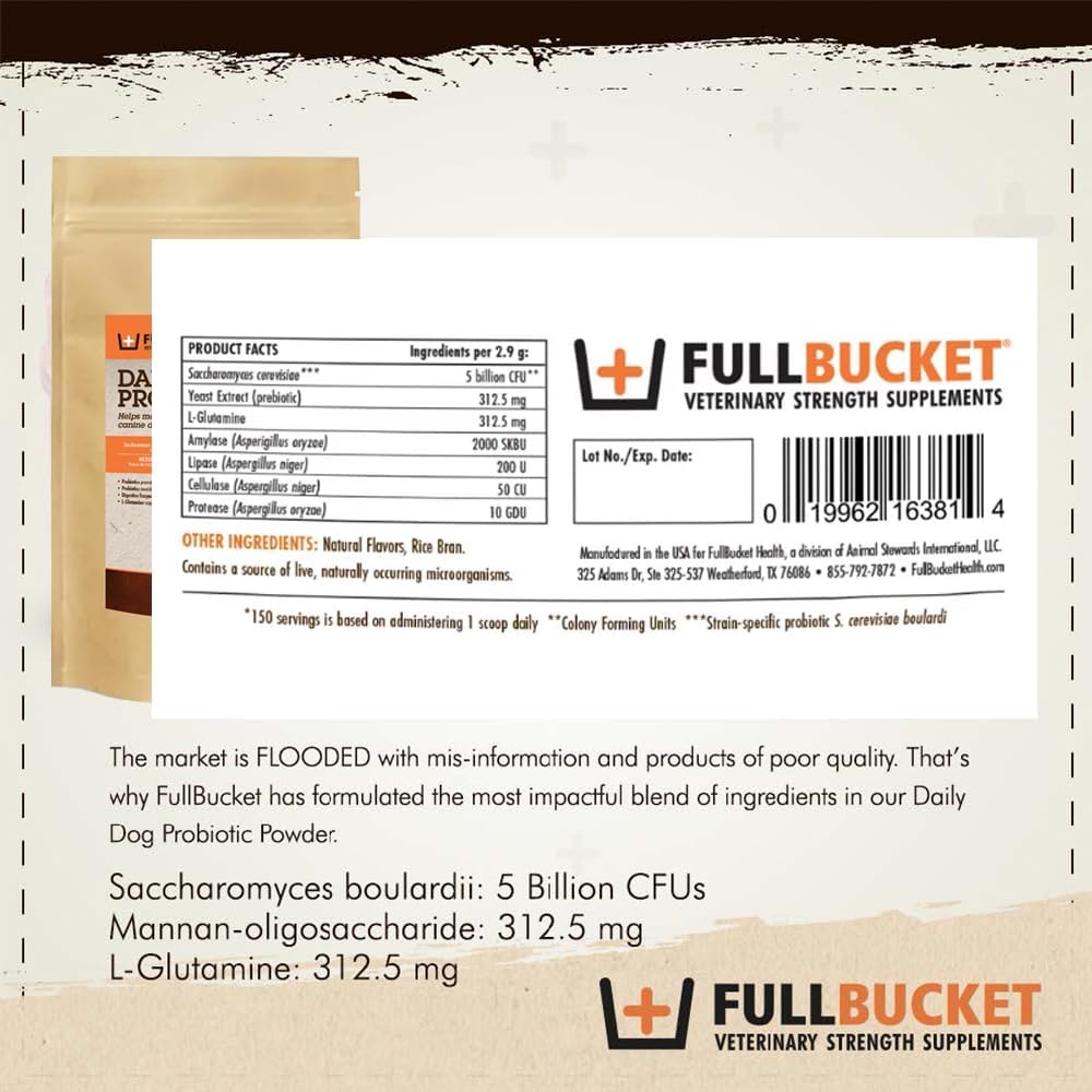 FullBucket Probiótico Diario para Perros - 150 Servicios - Polvo con Probióticos, Prebióticos y Enzimas Digestivas
