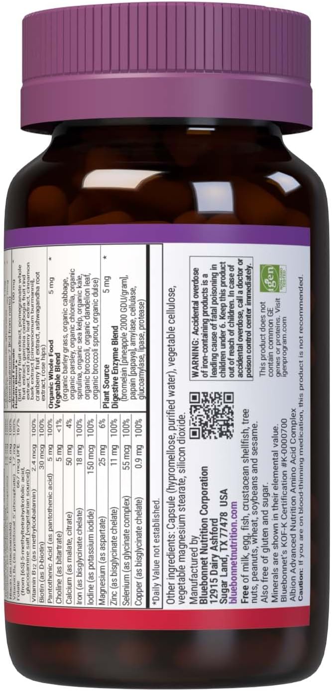 Bluebonnet Nutrition Ladies One – Multivitamínico y Mineral en Cápsulas Vegetales para Mujeres, con K2 y Mezcla de Alimentos Integrales, 90 Cápsulas