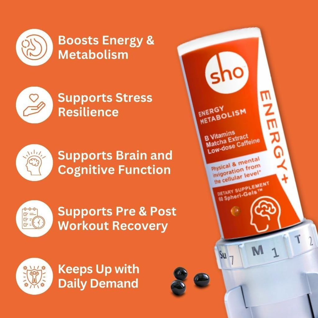 SHO Vegan Energy+ Focus Supplement Kit - Complejo B Metilado con Matcha y Cafeína Natural, 60 Cápsulas