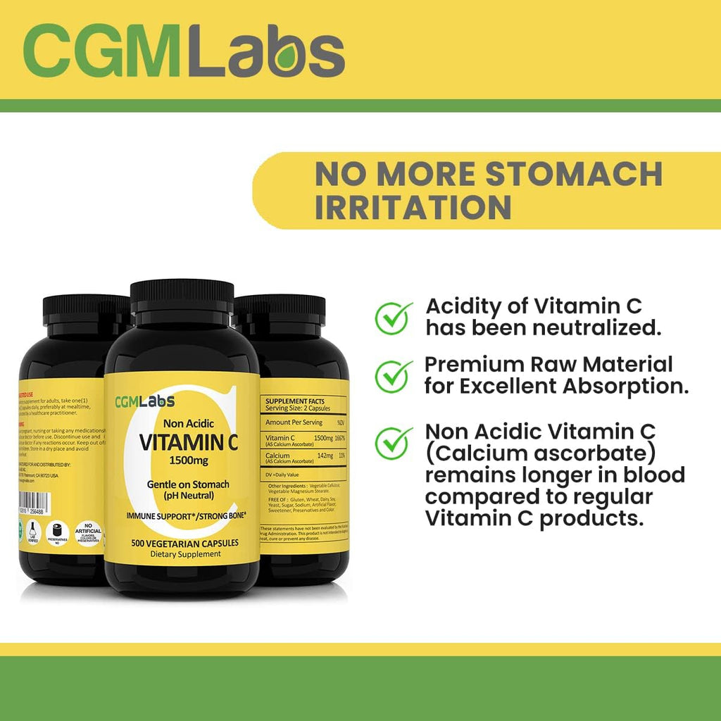 CGMLABS Vitamina C No Ácida 1500mg con Calcio - 500 Cápsulas