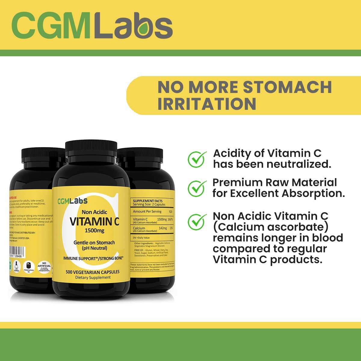 CGMLABS Vitamina C No Ácida 1500mg con Calcio - 500 Cápsulas
