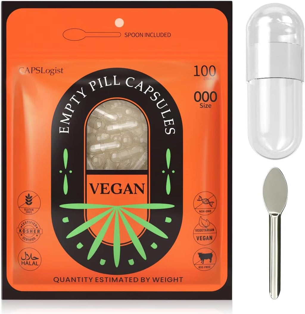 Cápsulas Vacías Veganas Tamaño 000, 100 Unidades con Cuchara de Laboratorio para Hacer tus Propios Suplementos