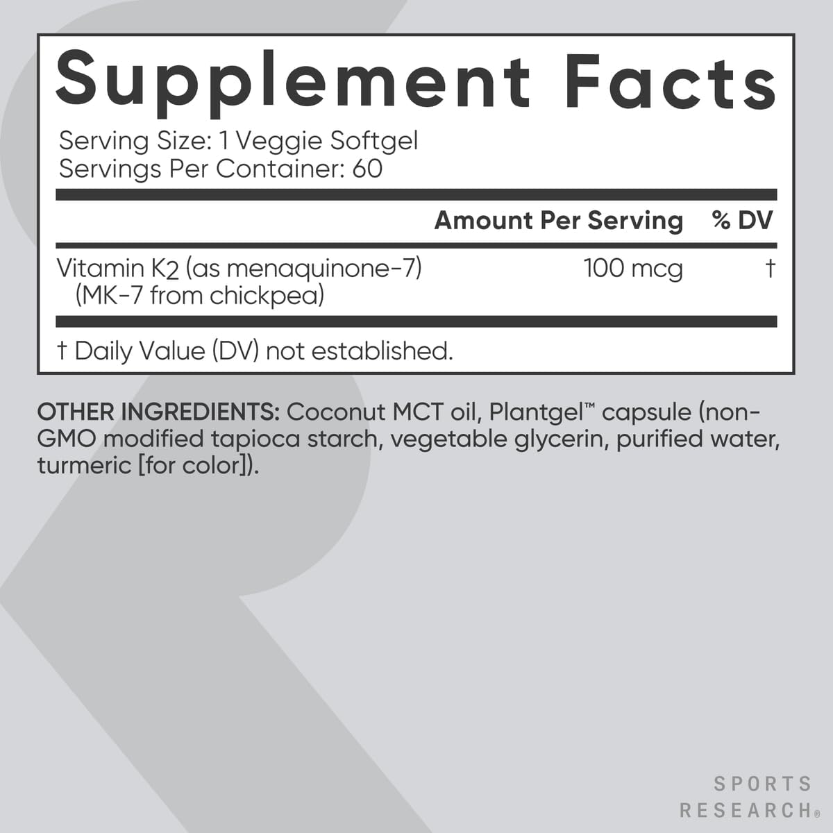 Sports Research® Vitamina K2 como MK-7 100mcg con Aceite MCT de Coco - 60 Cápsulas Vegetales Veganas