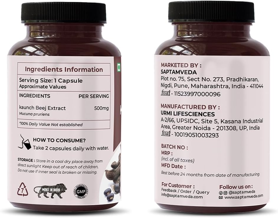 SAPTAMVEDA Kaunch Beej Extracto Natural 500mg, 60 Cápsulas Vegetales