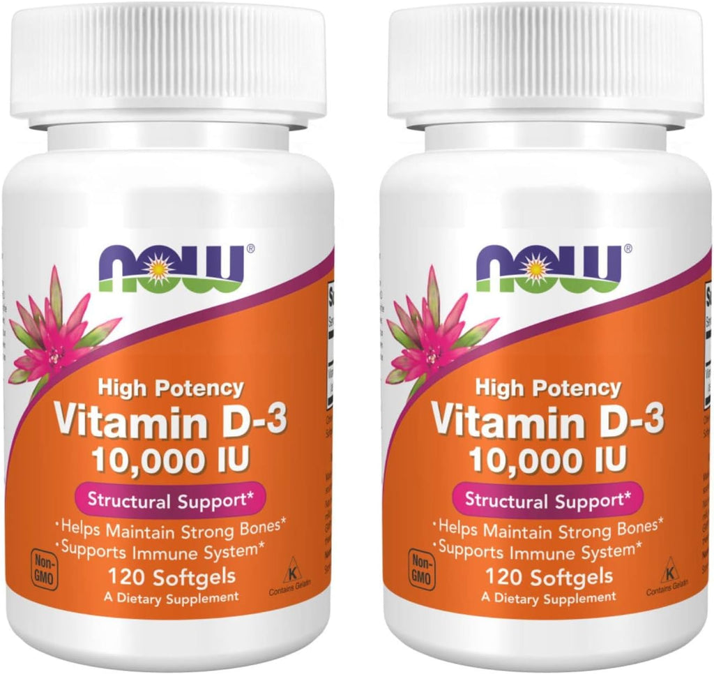 NOW Foods Vitamina D-3 Alta Potencia, 10.000 UI, 120 Cápsulas Blandas (Paquete de 2)