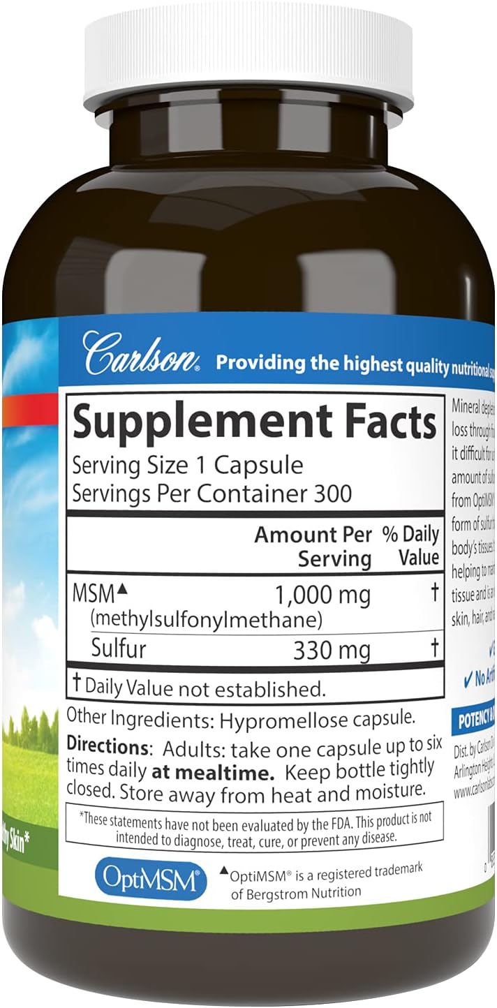 Carlson M-S-M Azufre, 1000 mg - 300 Cápsulas Vegetarianas