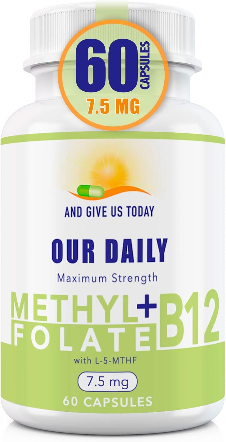 L-Methylfolate 7.5 mg + B12 1000 mcg - Suplemento de Metilfolato Activo con Glicina - 60 Cápsulas