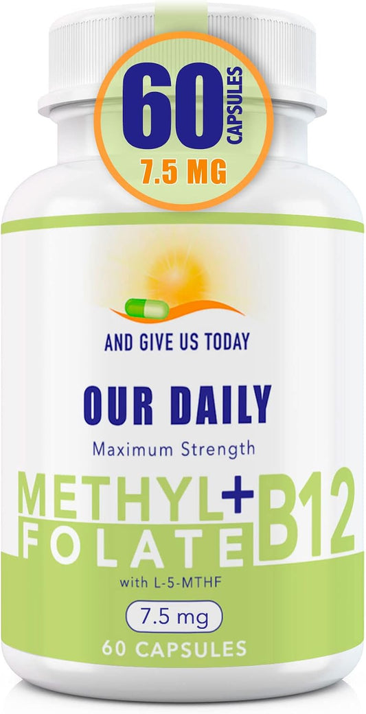 L-Methylfolate 7.5 mg + B12 1000 mcg - Suplemento de Metilfolato Activo con Glicina - 60 Cápsulas