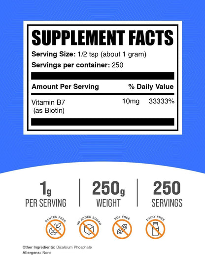 Biotina 10000mcg en Polvo - Vitamina B7 para – El funcionamiento normal del sistema nervioso. – Image 2