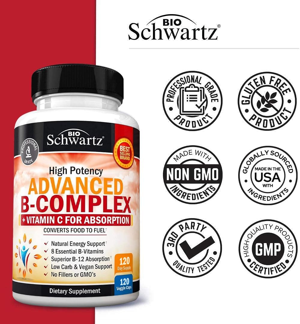 Complejo B con Vitamina C para Máxima Absorción – Metilcobalamina B12 y Folato – B1 B2 B3 B5 B6 B7 B9 – Apoyo Energético e Inmunológico – Sin OGM, 120 Cápsulas