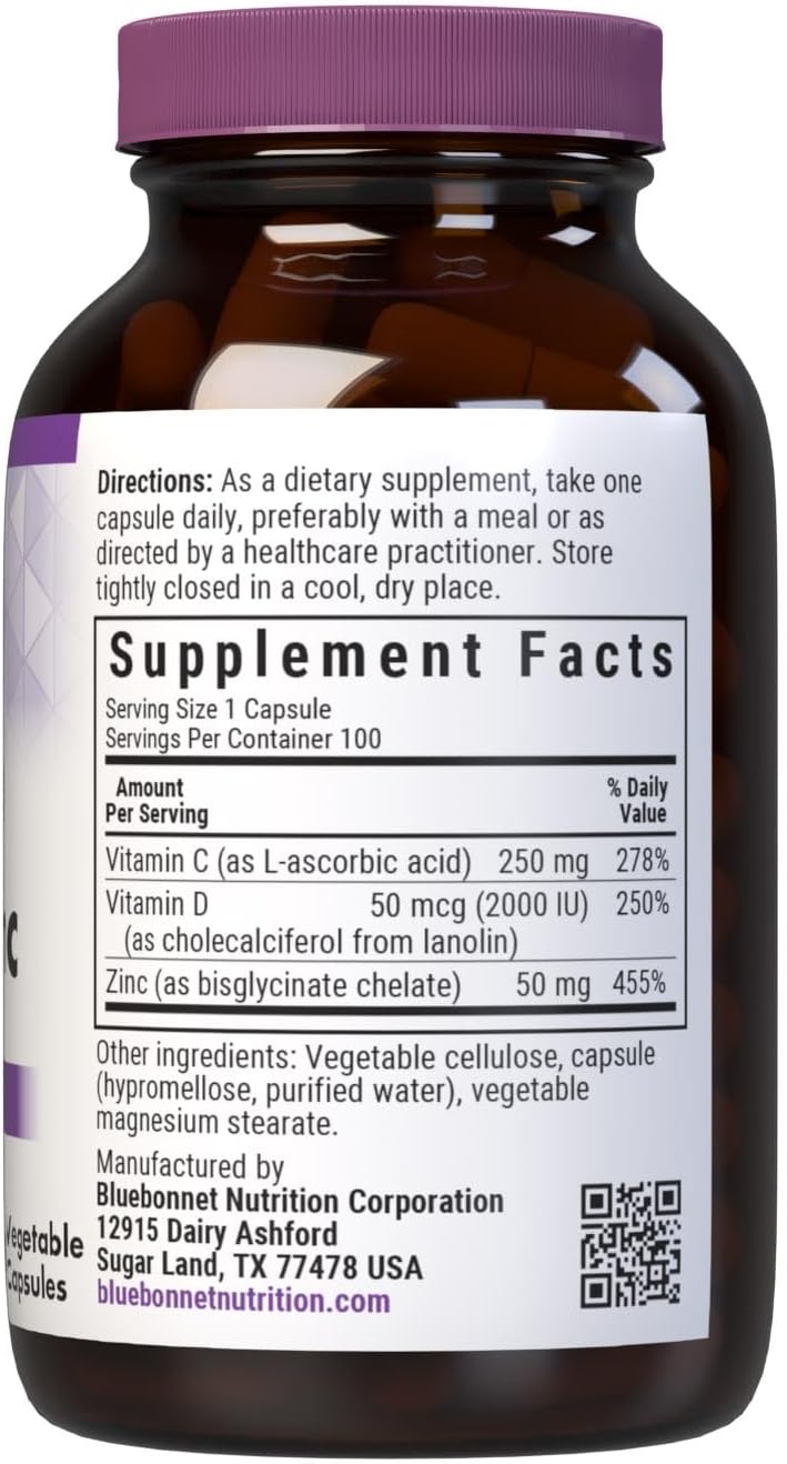 Bluebonnet Nutrition Vitamina C, D3 y Zinc – 100 Cápsulas Vegetales