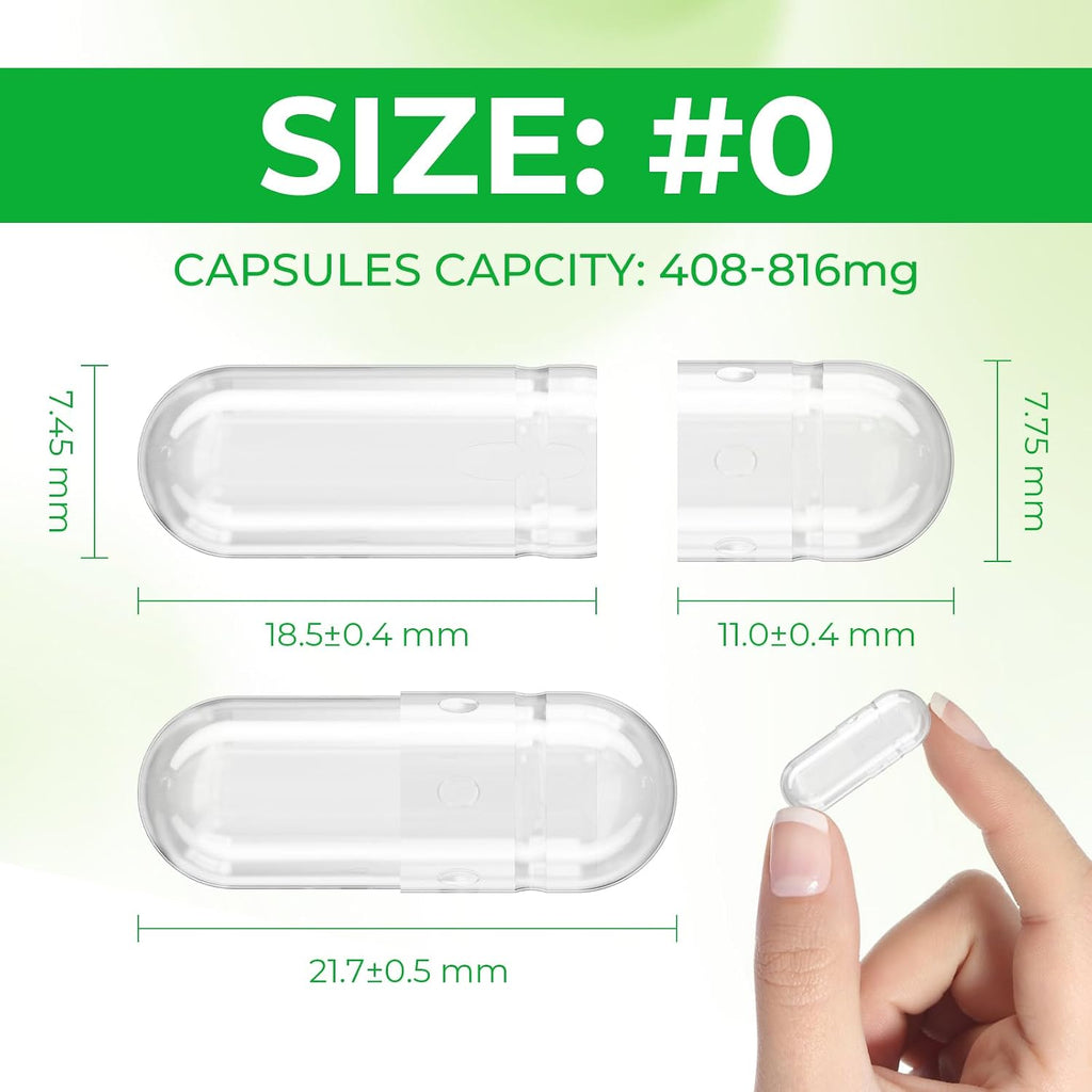 Cápsulas Vacías Veganas Tamaño 0 (100 uds) - Sin Gluten, No GMO, Certificado Halal - Kit de Relleno con 2 Cucharas