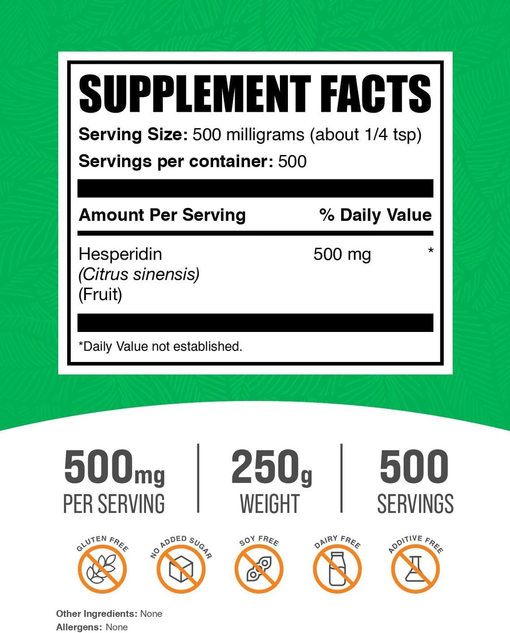 BulkSupplements Hesperidina en Polvo - 500mg por ración, 250g (8.8 oz) - Suplemento vegano y sin gluten