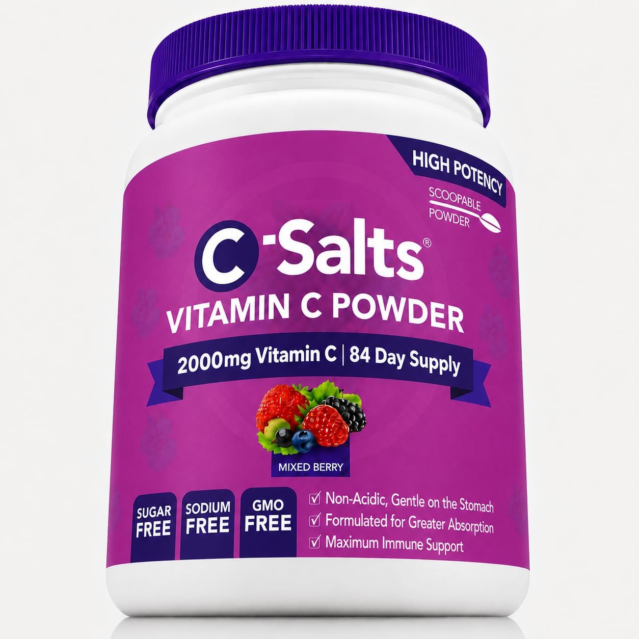 C-Salts Vitamina C Tamponada en Polvo - Orgánica, Frutos Rojos, 4000mg, 84 Porciones
