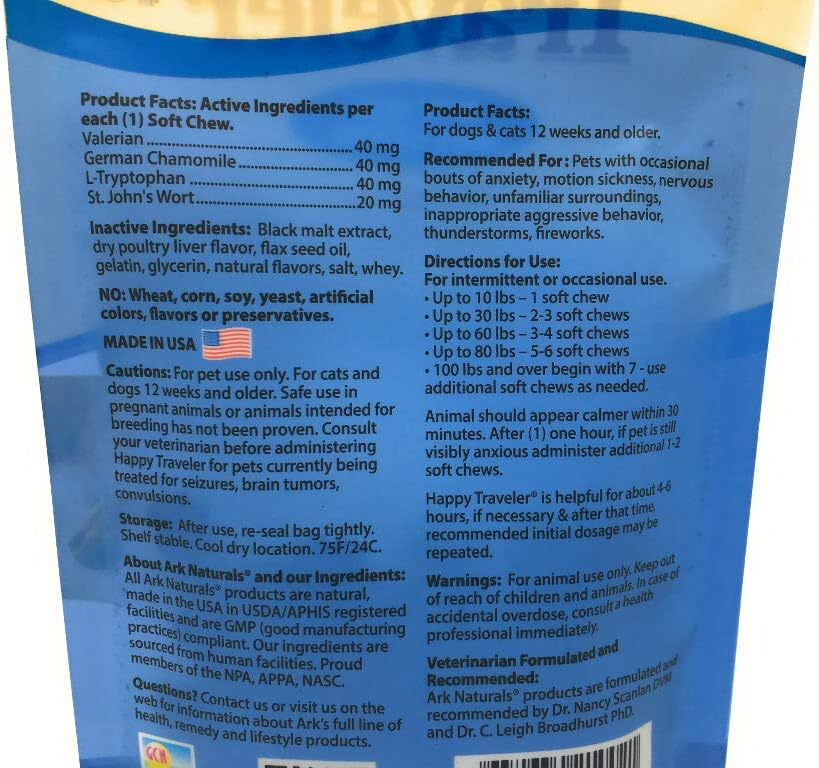ARK NATURALS Happy Traveler Calming Chews para Perros y Gatos, 75 masticables (56 g)