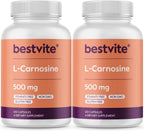BESTVITE L-Carnosina 500 mg por cápsula (120 cápsulas) Sin rellenos - Sin estearatos - No transgénico - Sin gluten