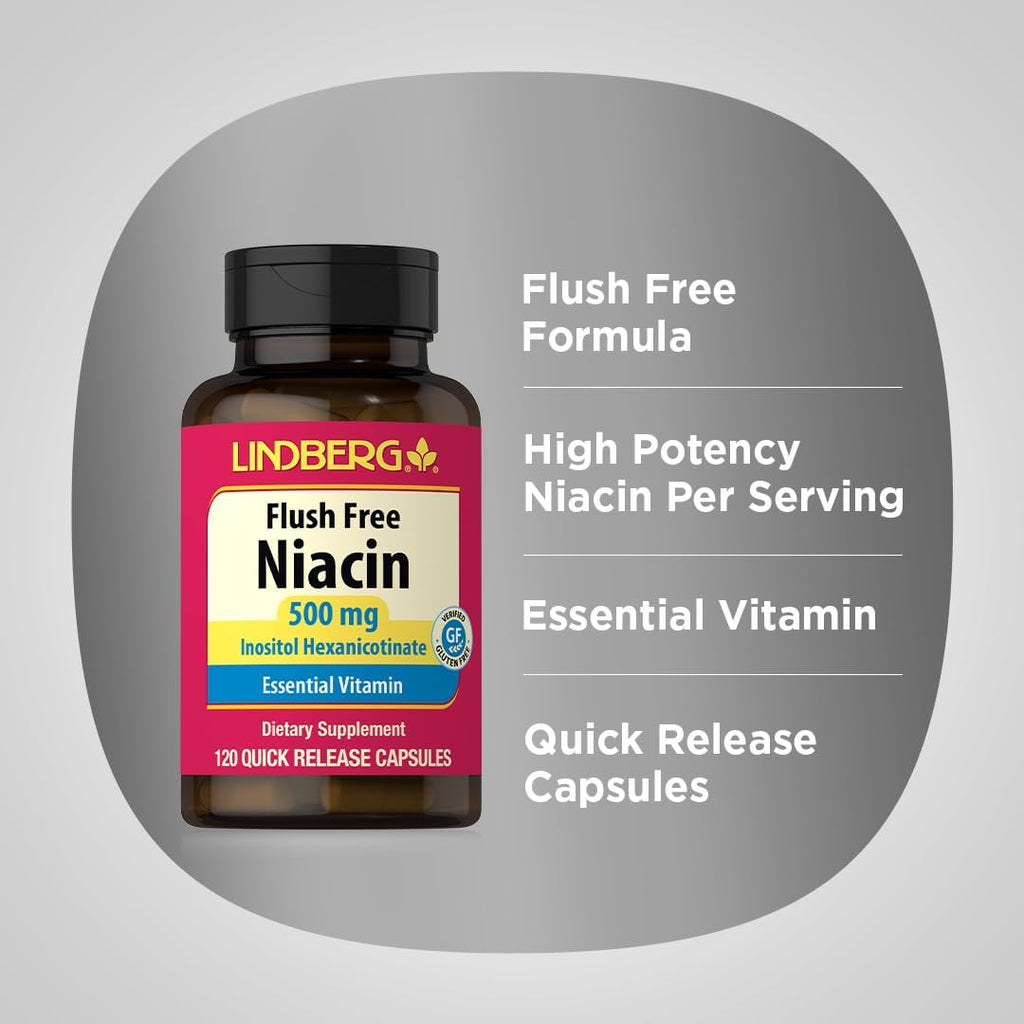 Lindberg Niacina 500mg Sin Enrojecimiento | 120 Cápsulas | Suplemento de Vitamina B3 | Como Hexanicotinato de Inositol | Sin OGM, Sin Gluten