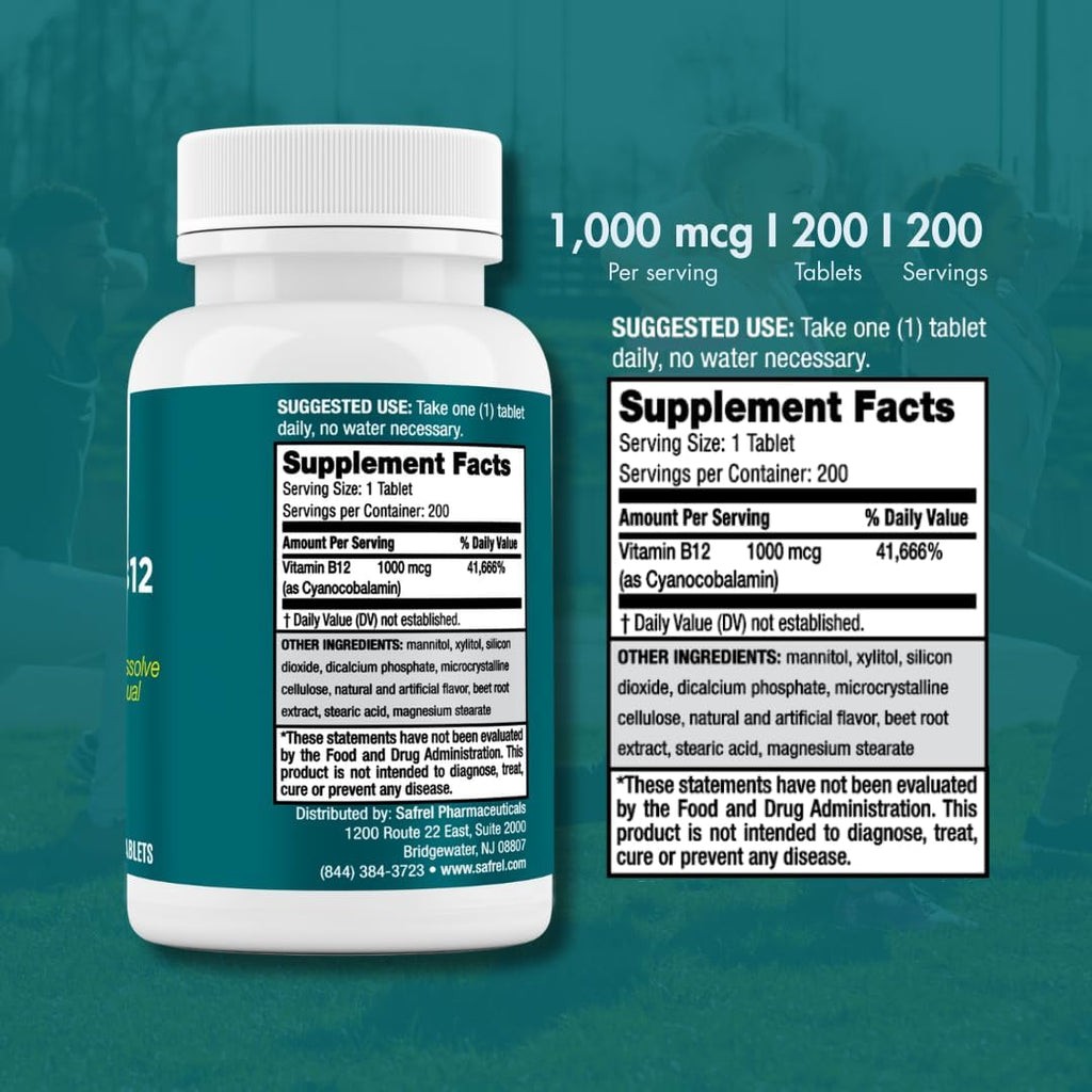 Safrel Vitamina B12 1000 mcg, 200 Comprimidos Sublinguales de Rápida Disolución, Sabor Cereza
