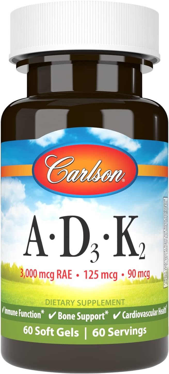 Carlson Vitaminas A, D3, K2 (MK-7) - 3000 mcg RAE Vitamina A, 125 mcg Vitamina D3, 90 mcg Vitamina K2 - 60 Cápsulas Blandas