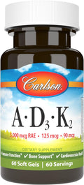Carlson Vitaminas A, D3, K2 (MK-7) - 3000 mcg RAE Vitamina A, 125 mcg Vitamina D3, 90 mcg Vitamina K2 - 60 Cápsulas Blandas