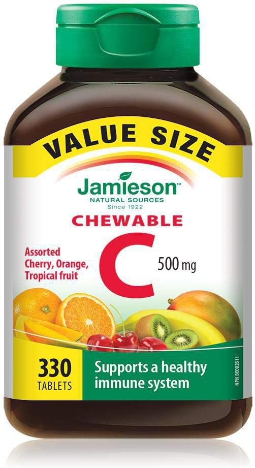 Jamieson Vitamina C Masticable 500 mg, 330 Comprimidos Sabor Cereza, Naranja y Frutas Tropicales